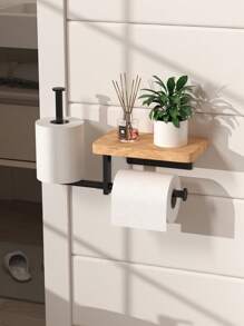 1pc Wall-Mounted Wooden Toilet Paper Holder With Shelf, Self-Adhesive Tissue Paper Dispenser, Durable Metal Frame, Bathroom Storage Rack - For Phone/Wet Wipes/Toilet Paper, Bathroom Accessory, Black/White