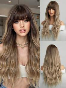 26英寸長啡色漸層金色卷曲波浪假髮，蓬鬆髮型，配有瀏海，防高溫纖維合成假髮，適用於女性日常、派對、萬聖節佩戴