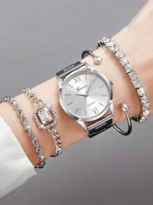 5pcs/Set Women's Luxury Quartz Analog Watches With Diamond Bracelet, Elegant Minimalist Style (No Box Included)