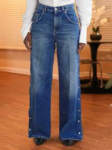 Wide Leg Denim Jeans With Side Snap Buttons, High Rise, Classic Blue Wash - 藍色 - 查看 3