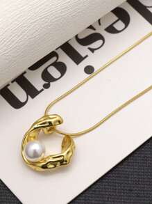 1pc Fashionable Stainless Steel Geometric Pearl Decorated Necklace, Suitable For Summer Beach Daily Wear And Holidays