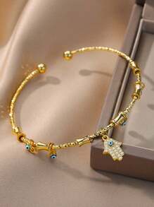 1PC Round Blue Zirconia Evil Eye Bangle For Women Men Open Gold Color Stainless Steel Evil Eye Bracelets Charm Thick Cuff Bangle Jewelry Gift