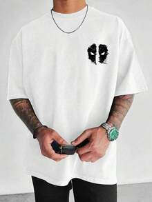 Men's Minimalist Black Deadpool Head Logo Graphic Round Neck Short Sleeve White T-Shirt, Summer - 白色 - 查看 1