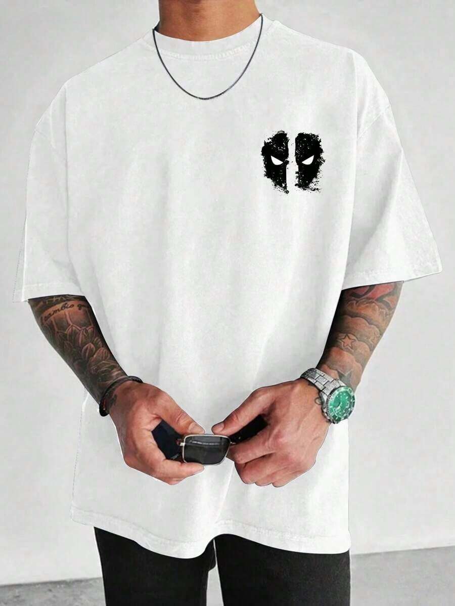 Men's Minimalist Black Deadpool Head Logo Graphic Round Neck Short Sleeve White T-Shirt, Summer - 白色 - 查看 1