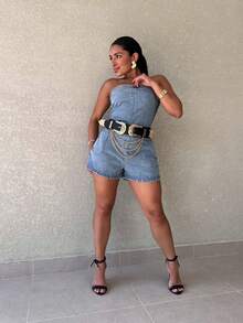 The Lemon 3019 Short Denim Overalls For Women Plain Short Sleeve 3019 - Rửa trung bình - Xem 9