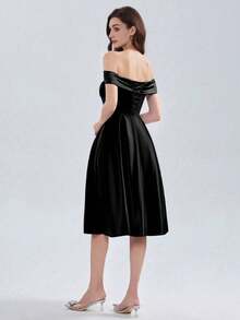 中长款舞会礼服 A 字型黑色鸡尾酒毕业礼服正式派对礼服露肩晚礼服，新娘 - 黑色 - 查看 3