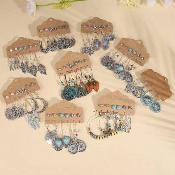 6pcs/Set European And American Retro Style Vacation Earring Set, Turquoise Earrings