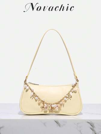Novachic 夏季海滩风格女士黄色海螺壳和海星装饰拉链流浪汉单肩包，适合日常、度假等。（注意：天然贝壳配饰在运输过程中可能会偶尔出现轻微损坏）