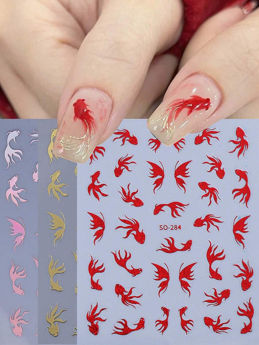 鱼金鱼美甲贴纸3件装红金镭射银鱼金鱼蝴蝶卡通美甲贴花DIY指甲饰品装饰美甲用品 - 彩色 - 查看 1