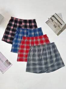 4pcs/Set Men's Plaid Print Stretchy Loose Casual Shorts, Breathable Comfortable Pajama Pants, With Elastic Waistband, Multi-Color Combination
