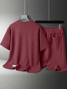 Teenager Summer Fashion Moisture Wicking Breathable Solid Color Round Neck Short Sleeve T-Shirt And Shorts Set - Burgundy - View 2