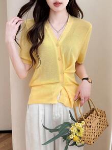 Women's Summer V-Neck Short Sleeve Sweater Cardigan With Asymmetric Design
