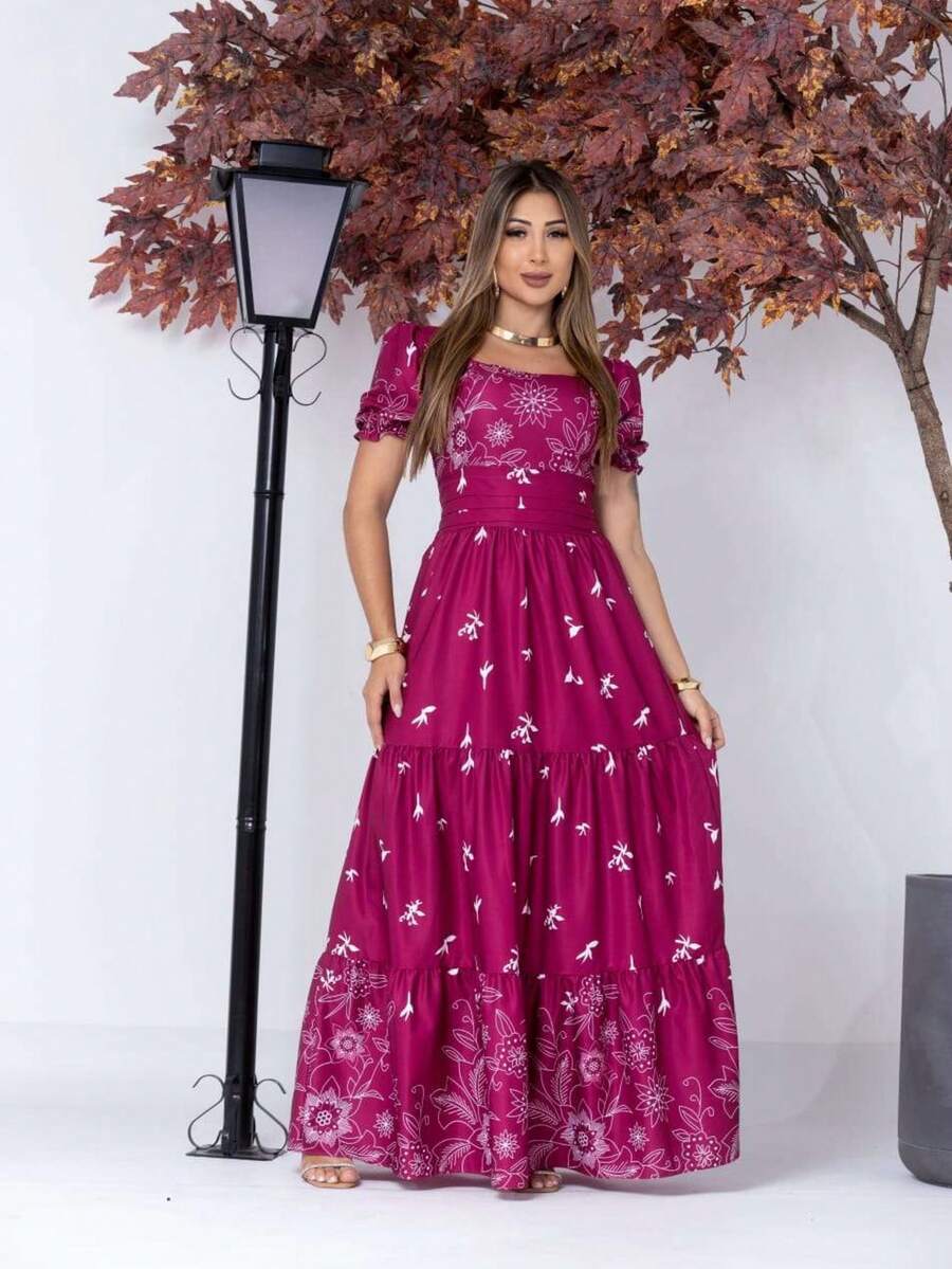 Elegant Long Women's Dress With Short Sleeves And Print - 玫瑰紅 - 查看 1