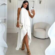 High Neck Long Dress Made Of Duna Fabric Plain Simple Elegant Party Fabric Backless/Backless Knot Dress Beach Birthday Party Daily Garden Photoshoot Travel - 白色 - 查看 3