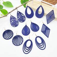 6 Pairs Retro Elegant Wooden Pendant Earrings, Blue Geometric Carved Design, Suitable For Evening Gowns And Party Outfits, Gift For Her