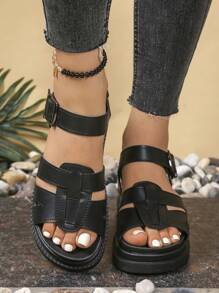 Women's Flat Sandals, New Thick Sole Black Sandals, Roman Style Non-Slip Versatile Fashion Sandals, Casual Summer Beach Sandals