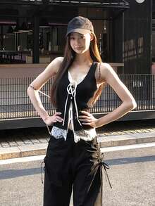 蕾丝边饰无袖修身V领女式休闲黑色夏季上衣 - 黑色 - 查看 6