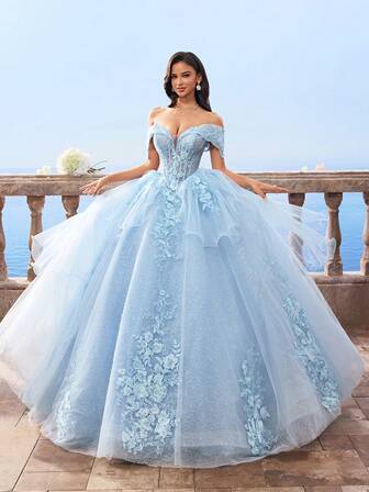 HEARBOBO Baby Blue Lace Appliques Luxury Ball Gowns For Women,Elegant Wedding Dresses For Bride, Graduation, Vacation, Christmas Party