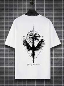 Plus Size Men's Casual Compass & Eagle Graphic Print Round Neck Short Sleeve T-Shirt, Summer