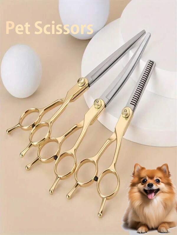 Professional Pet Grooming Scissors, Left And Right Hand Suited, Cat And Dog Hair Trimming Curved And Straight Cutting Thinning Shears, Stainless Steel