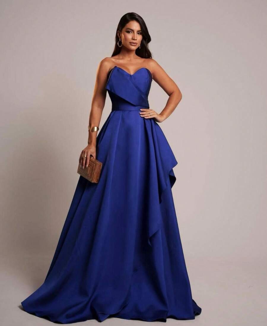 PRINCESS STRAP-OFF PARTY DRESS. Elegant Conservative / Modest PET Appliques - Blue - View 1