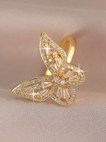 1 pieza Anillo abierto de mujer con decoración de mariposa hueca con circonita cúbica, versátil, ideal para uso diario, decoración, vacaciones, viajes, compromiso y aniversario