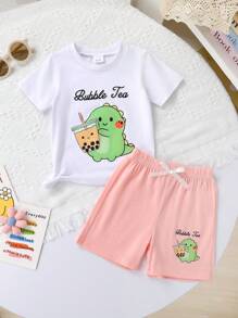 Set de 6 piezas: Conjuntos de camisetas para niñas, con estilo y lindas, de tela suave, transpirable y cómoda con estampado de dibujos animados, camiseta de cuello redondo y manga corta, y pantalones cortos deportivos decorados con lazos, adecuados para casual, diario, vacaciones y fiesta