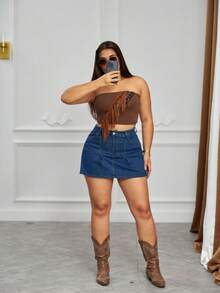 Pantalones cortos vaqueros casuales para mujer pantalones elásticos de tiro medio falda - Azul lavado oscuro - Ver 1