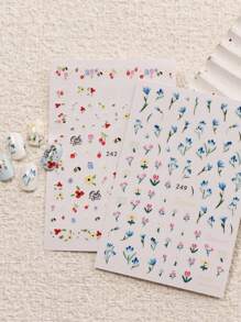 Set de 4 calcomanías de manicura con pequeñas flores, frutas y diseños en estilo de dibujos animados para el verano - incluye frutas exquisitas, pequeñas flores, flores silvestres y diseños, con acabados mate 3D, temas de verano, dibujos animados y minimalistas, fácil de aplicar para decoración de uñas, manualidades, regalos festivos, insumos de maquillaje y decoración de bodas