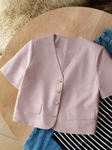 Blazer casual in lino con scollo a V, maniche corte e vestibilità morbida, adatto per primavera/estate da donna