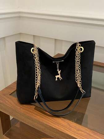 1pc Polyester Deer Decoration Large Capacity Zipper Closure Fashion Shoulder Tote Bag, Suitable For Women Daily UseSuitable For Shopping, Wallet, Shopping, Young Women, College Students, Newcomers, White-Collar Workers. Very Suitable For Office, College, Work, Business, Commuting, Outdoor Activities, Travel And Outings