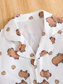 Cute Dolphin Printed Girl's 2 Pieces Pajama Set, Collar Button Short Sleeve Top And Loose Elastic Shorts, Casual Pajama Home Clothes - White - View 5