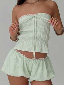 Womens Casual 2 Piece Outfits Sleeveless Plaid Print Tube Tops + Bubble Shorts Set Sleepwear