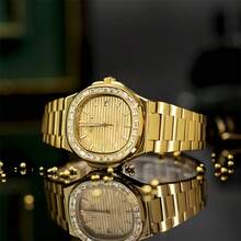 1pc NASIR Men's Luxury Genuine Diamond Calendar Waterproof Quartz Watch, Daily Business - Gold - View 4