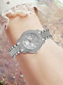 2PCS Silver Women's Luxury Watch Set Fashion Classic Three Eye Quartz Watch Bracelet Set Suitable For Daily Clothing Matching Perfect Holiday Gift For Her