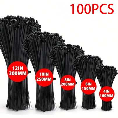 100pcs Self-Locking Adjustable Cable Ties - Assorted Sizes 300/250/200/150/100mm - Ideal For Home, Office, Garden And Workshop Cable Management, Suitable For Indoor And Outdoor Use Self-Locking Nylon Wraps