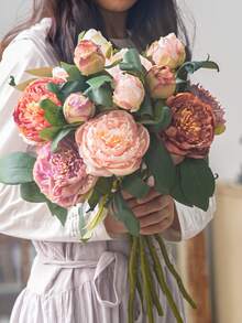 1 Pc High Quality Charred Edge 2-Head Peony & Paeony Artificial Flowers, Retro Home Decor Fake Flower Bouquet - Multicolor - View 2