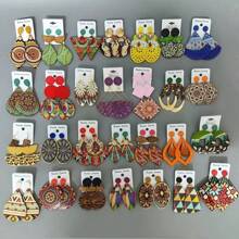 10 pares/paquete Pendientes de madera vintage con estampado colorido para mujeres, set de pendientes de pareja estilo bohemio variado para fiesta, boda, uso diario, regalos de joyería de moda, envío aleatorio