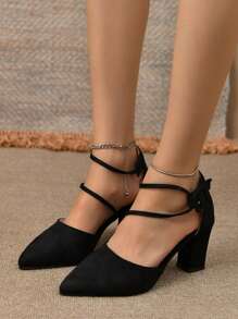 Women's Black Thick Heel Sandals With Strap Design, Summer New Pointed Toe Criss-Cross Medium Heel Pumps