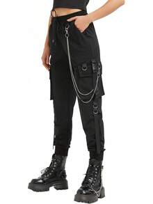 Black Cargo Pants Women Techwear Loose Street Rock Style Casual Pants With Chain Goth Style - 紅黑 - 查看 6