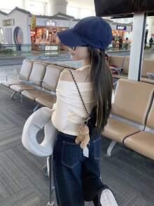 女式露肩长袖 T 恤，纯色针织面料，套头街头风格上衣，秋冬 - 白色 - 查看 10