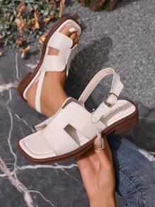 Sandalias planas para mujer, sandalias casuales de unicolor con tira y hebilla, de punta abierta y deslizamiento, cómodas para uso al aire libre