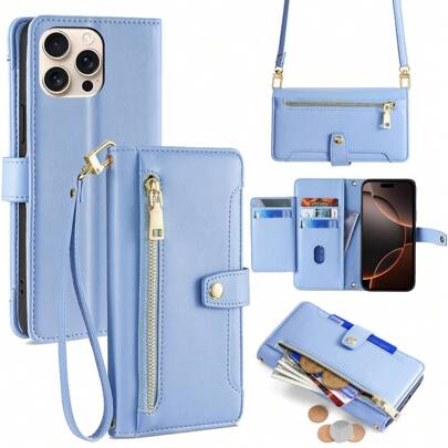 keyunfei حافظة حماية هاتف ذكي متعددة الوظائف باللون الأزرق، مع فتحات للبطاقات، حزام كتف، حزام معصم، محفظة سحاب، إغلاق مغناطيسي، دعم حامل، غطاء قابل للطي، تصميم جلدي متوافق مع أجهزة 16/16E/15/14/13/12/11/Pro/Max/Plus/XR/XS، Galaxy S25/S22/S21/20/S24/S23 Plus/Ultra/FE/EDGE، سلسلة A، MOTO E20، Pixel 9/7A/6A، Mate 20 Pro، P30/P20/P40 Lite، سلسلة POCO مقاوم للماء والصدمات ومقاوم للخدش بتغطية كاملة