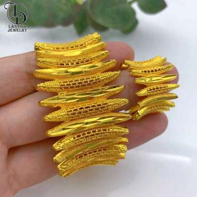24K Gold Plated Bracelet & Ring Set, Dubai Bride, Nigerian Women Wedding Golden Sand Jewelry
