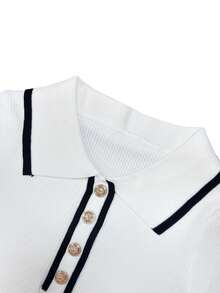 Fitted Short Sleeve Polo Collar Top, Casual & Professional Versatile Summer New Rib Knit Contrast Color T-Shirt For Women