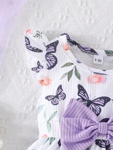 2pcs/Set Baby Girls Cap Sleeve Butterfly Print & Solid Ribbed Simple Cute Outfits, Spring/Summer - Mauve Purple - View 7