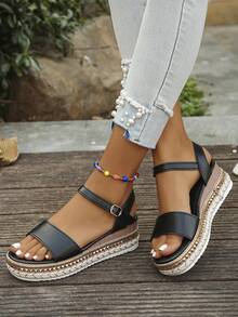 planare Women's Fashion Elegant Black Round Toe Platform Sandals, Suitable For Casual, Party, Dating, Daily Commute, Easy Slip-On Stable Wedge Heel Design, Stylish Wedge Sandals - Black - View 3