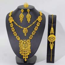 1 Set de joyería de lujo enchapada en oro de 18K para mujer, 5 piezas incluyendo collar, aretes, brazalete y anillo, elegantes accesorios para novia, boda y fiestas