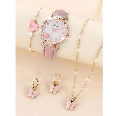 5 件套粉色鲸鱼设计女孩石英手表、蝴蝶吊坠项链、手链和耳环套装，最佳礼物选择