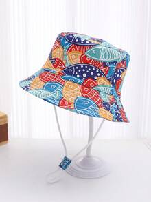 1pc Cartoon Ocean Animal Print Light Blue Toddler Bucket Hat, Infant Sun Hat For Outdoor Daily Use, Suitable For Spring, Summer, Autumn - Multicolor - View 1